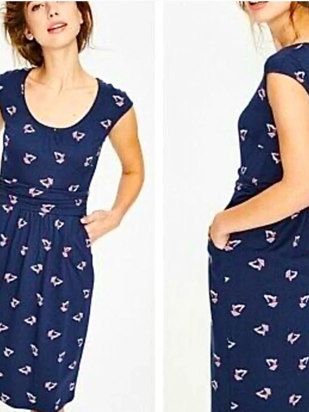 BODEN MARGOT Jersey DRESS Size 8 L Sunbathers Navy Print Girl Umbrella Pockets